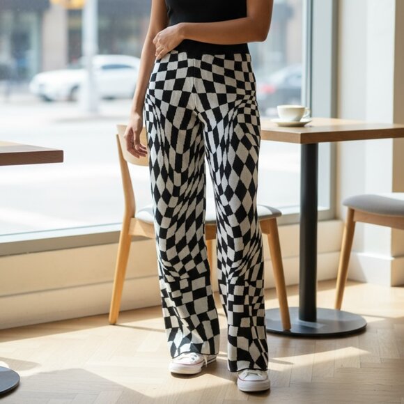 Daydreamer Eclipse Wave Knit Pants – Black/White Checkered – Size M - Picture 1 of 5